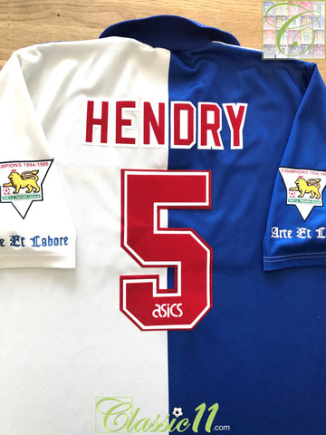 1995/96 Blackburn Rovers Home Premier League Football Shirt Hendry #5 (XL)